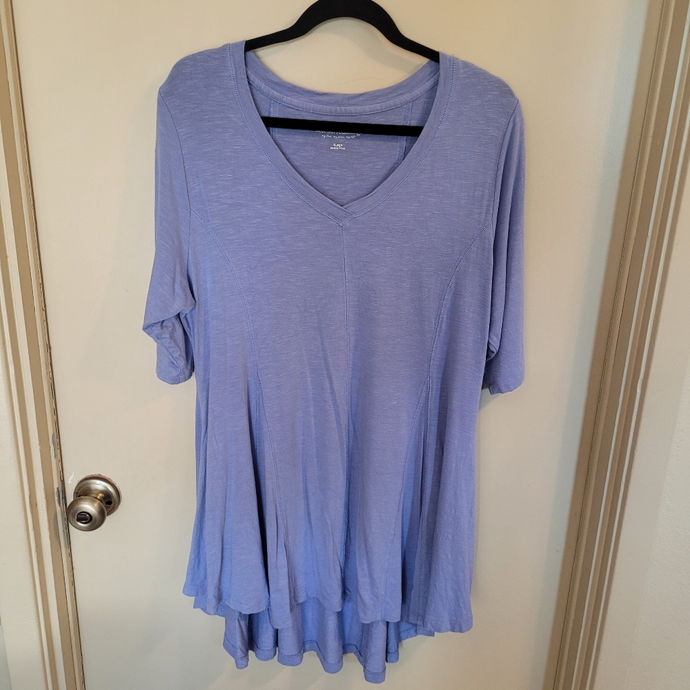 Soft Surroundings Women's Top Sz XL Blue Lilac Tunic Hi-Lo V-Neck 3/4 Slv EUC